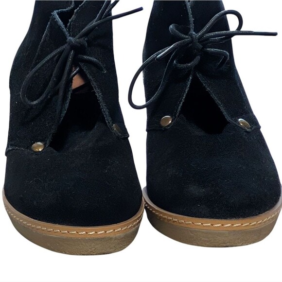 Lucky Brand June black leather suede lace up ankle bootie wedge washed casual - Picture 6 of 10